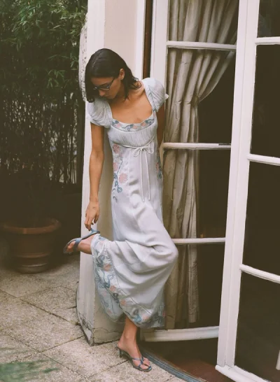 Photo of Zinnia Rose Beaded Maxi Dress in Blue on model, view 1