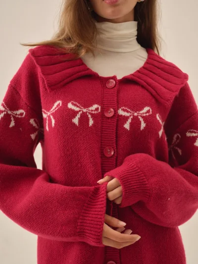 For Love & Lemons Ready-to-Wear — model wearing maroon slouchy cardigan.