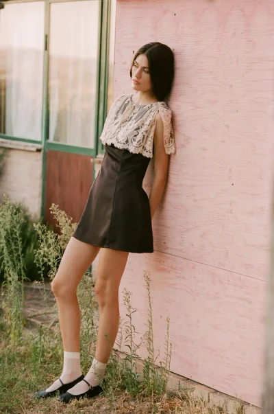 Photo of Valeria Mini Dress in Neutral on model, view 1