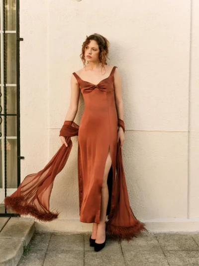 Photo of Margo Maxi Dress and Shawl Set in Red on model, view 1