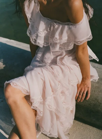 Photo of Taylor Midi Dress in Pink on model, view 1